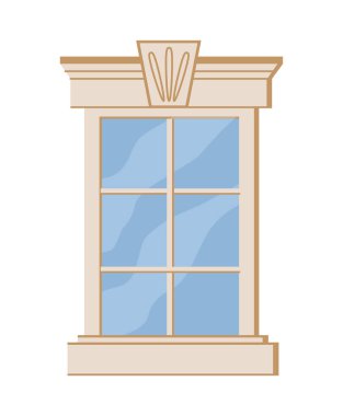 Güzel dekore edilmiş pencere konsepti. Cam kemer şeklinde. Dekorasyon ve süs. Şehir mimarisi. Web sitesi afişi ya da afişi. Çizgi film düz vektör çizimi beyaz arkaplanda izole edildi