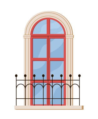 Güzel dekore edilmiş pencere konsepti. Cam kemer. Dış ve dış görünüş, şehir mimarisi. Şablon, yerleşim ve modelleme. Çizgi film düz vektör çizimi beyaz arkaplanda izole edildi