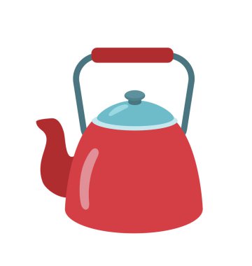 Mutfak kırmızı çaydanlık etiketi konsepti. Su kaynatma ve pişirme aleti, mutfak gereçleri. Poster ya da afiş. Ev eşyaları ve mutfak eşyaları. Çizgi film düz vektör çizimi beyaz arkaplanda izole edildi