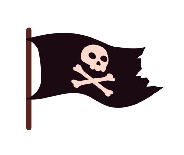 Korsan macera bayrağı konsepti. Kafatası ve kemikli siyah bayrak, iskelet. Tehlike, seyahat ve macera. Poster ya da afiş. Çizgi film düz vektör çizimi beyaz arkaplanda izole edildi