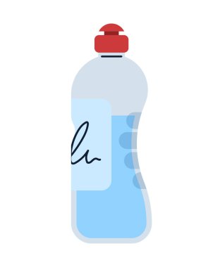 Mutfak bulaşık deterjanı. Temizlik ve hijyen. Kaşıklar, çatallar ve tabaklar için Deterjan. Poster ya da afiş. Çizgi film düz vektör çizimi beyaz arkaplanda izole edildi