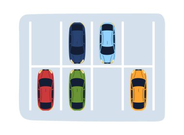 Araba park etme konseptinin en üst görüntüsü. Süpermarket ya da iş merkezi yakınlarında çok renkli araçlar. Şablon, yerleşim ve modelleme. Çizgi film düz vektör çizimi beyaz arkaplanda izole edildi