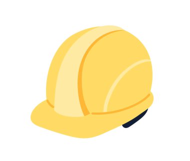 Koruyucu sarı şapka konsepti. İş yerinde güvenlik ve itibar. İnşaat malzemeleri ve giysiler. İnşaat ve mimarlık. Çizgi film düz vektör çizimi beyaz arkaplanda izole edildi