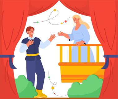 Actor and actress at scene concept. Prince talking to princess on balcony. Public speaking and theater shows. Man and woman performs. Cultural leisure and rest. Cartoon flat vector illustration clipart