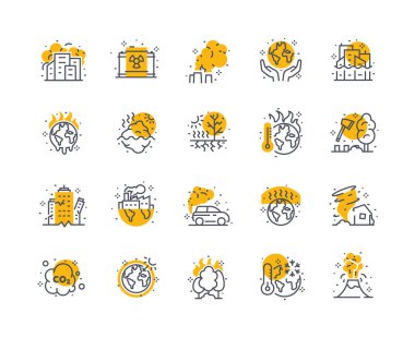 İklim değişikliği ikon vektör rengi. Çevreyle ve ekolojiyle ilgilenmek. Küresel ısınmaya karşı savaşmak, atmosfere termal atık salmak. Beyaz arkaplanda izole edilmiş doğrusal düz koleksiyon