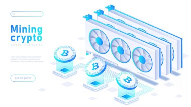 Kripto para birimi beyaz afişi çıkarıyorum. Bitcoin ve litekoin, kripto para birimi ve engelleme teknolojisi. Madencilik ve kodlama. Modern teknolojiler ve dijital dünya. İzometrik vektör illüstrasyonu