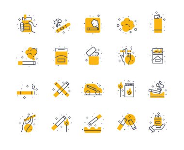 Sigara içme simgeleri renk seti. Sigara ve sigara, tütün ve nikotin. Kibrit ve çakmak, duman. Kötü alışkanlıklar, sağlıksız yaşam tarzı. Beyaz arkaplanda izole edilmiş doğrusal düz vektör koleksiyonu