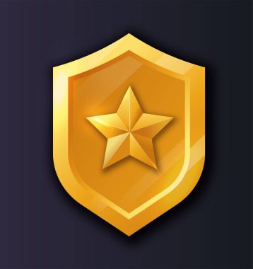 3 boyutlu altın kalkan ikonu konsepti. Güvenlik ve koruma, güvenlik. Ödül ve ödül. Mobil yazılım için arayüz. UI ve UX tasarımı. Isometric vektör illüstrasyonu koyu arkaplanda izole