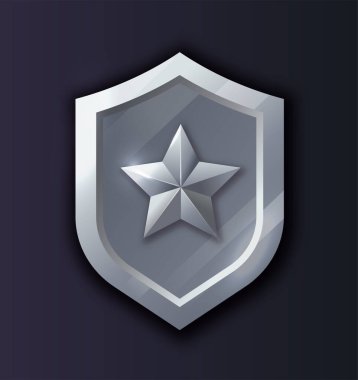 3 boyutlu oyun platin kalkan ikonu konsepti. Ödül ve ödül, başarı. Video oyunlarında güvenlik ve güvenlik. Web sitesi afişi ya da afişi. Isometric vektör illüstrasyonu koyu arkaplanda izole