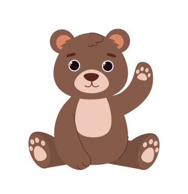 Orman kahverengi ayı vektörü konsepti. Sosyal ağlar ve kuryeler için etiket. Çocuk oyuncağı ya da maskotu. Çekici ve sevimli bir karakter. Çizgi film düz çizimi beyaz arkaplanda izole edildi
