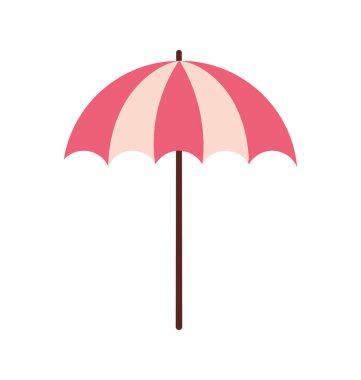 Yaz şemsiyesi konsepti. Tropikal ve egzotik ülkelerde sahilde rahatlayın. Sosyal ağlar ve kuryeler için etiket. Çizgi film düz çizimi beyaz arkaplanda izole edildi