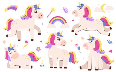 Sihirli şirin tek boynuzlu atlar. Peri masalı ve kurgusal karakter. Büyü ve büyü. Gökkuşağı ve sihirli değnek. Hayal gücü ve fantezi. Çizgi film düz vektör koleksiyonu beyaz arkaplanda izole edildi