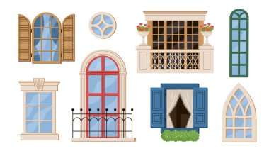 Pencere çerçevesi konsepti. Dış ve dış görünüş, kentsel mimari ve altyapı. Çiçekleri, kapıları ve perdeleri olan bir balkon. Çizgi film düz vektör koleksiyonu beyaz arkaplanda izole edildi