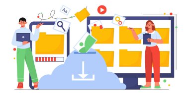 Bulut hizmeti kavramı olan insanlar. Kadın ve erkek elektronik depo ve arşiv yakınlarında. Bilgi güvenliği ve kişisel veriler İnternet 'te, kablosuz bağlantı. Çizgi film düz vektör çizimi