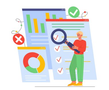 Grafik ve çizelge karşılaştırması. Loupe 'lu adam istatistikleri, bilgi grafiklerini analiz ediyor. Mali okur yazarlık, pazarlama araştırması ve gelir ve giderlerin değerlendirilmesi. Çizgi film düz vektör çizimi