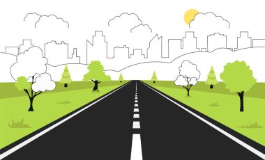 Şehir çizgisi konsepti olan bir yol. Ağaçlı ve siluetli otoyol, modern bina, doğrusal şehir ya da kasaba. Seyahat, turizm ve seyahatler, ulaşım. Çizgi film düz vektör çizimi
