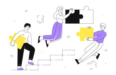 Bulmaca çizgisi konseptiyle takım çalışması. Ortaklar ve meslektaşlar. İşbirliği ve işbirliği. Etkili iş akışı organizasyonu. İş projesi ya da başlangıç. Doğrusal düz vektör çizimi