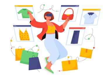 Sanal gerçeklik alışverişi yapan bir kadın. Sanal gerçeklik gözlüklü genç bir kız mal alıyor. Elektronik ticaret ve pazarlama. Karakter kıyafet seçer. Çizgi film düz vektör çizimi