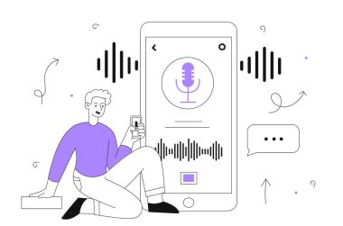 Ses arama hattı konsepti olan bir adam. Akıllı telefonu olan adam sesli mesaj kaydediyor. Modern teknolojiler, mobil programlar ve uygulamalar. Robot ve yapay zeka. Doğrusal düz vektör çizimi