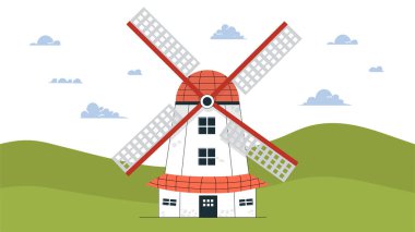 Bahçe vektör konseptinde yel değirmeni. Alternatif enerji kaynağı ve sıfır atık, sürdürülebilir yaşam tarzı. Çevreyle ve ekolojiyle ilgilenmek. Kırsal ve köy. Çizgi film düz çizimi
