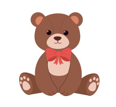 Çocuk konsepti için sevimli ayı oyuncağı. Kırmızı kurdeleli pofuduk bir oyuncak ayı. - Evet. Web sitesi afişi ya da afişi. Çocuk odası için konfor ve konfor. Çizgi film düz vektör çizimi beyaz arkaplanda izole edildi