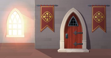 Antik kale iç konsepti. Penceresi, bayrakları ve kapısı olan taş duvarlar. Kraliyet ailesi için ortaçağ binası. Kulenin iç manzarası. Güneş ışığıyla saray. Çizgi film düz vektör çizimi