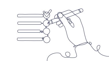 Kontrol listesi konseptiyle el ele tutuşmak. Anket ve kullanıcı görüşü, soru-cevap. Kullanıcı ve müşterilerin incelenmesi. Poster ya da afiş. Beyaz arkaplanda izole edilmiş doğrusal düz vektör çizimi