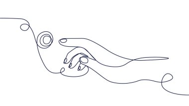 Düğme hattı konseptiyle el ele. Ofis ya da apartmanın girişinde kapı zili. Kadın düğmeye basıyor. Minimalist yaratıcılık ve sanat. Beyaz arkaplanda izole edilmiş doğrusal düz vektör çizimi