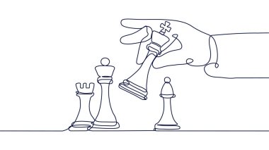 El, satranç taşları konseptini tutar. Düşünmeyi geliştirmek için entellektüel bir oyun. İş projesi ve stratejisi. Spor müsabakası. Beyaz arkaplanda izole edilmiş doğrusal düz vektör çizimi
