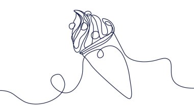 Dondurma kuyruğu konsepti. Sıcak hava ve yaz mevsimi için dondurulmuş tatlı ve lezzet. Taşaklı waffle külahı. Beyaz arkaplanda izole edilmiş doğrusal düz vektör çizimi