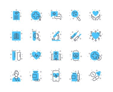 Tıbbi simgeler renk vektörü seti. Mikroskop, büyüteç, test tüplü şırınga ve stetoskop. Teşhis ve tedavi, sağlık hizmetleri. Beyaz arkaplanda izole edilmiş doğrusal düz koleksiyon