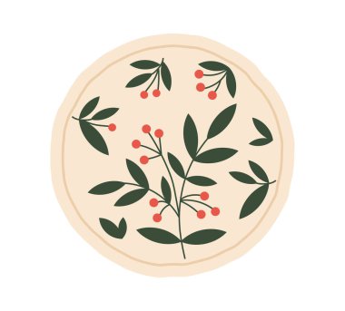 Eski desenli el yapımı çömlek. Çiçeklerle süslenmiş, böğürtlenli, yemek takımlı bir tabak. Müze ve sergi için sergi. Çizgi film düz vektör çizimi beyaz arkaplanda izole edildi