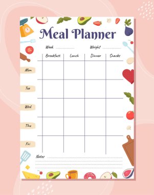 Haftanın günleri yemek organizatörü. Yemek tarifi, malzemeler, yemek. Kahvaltı, öğle yemeği, akşam yemeği ve atıştırmalıklar. Şablon, yerleşim ve modelleme. Çizgi film düz vektör çizimi pembe arkaplanda izole edildi