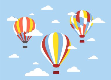 Bulutlu hava balonları. Seyahat ve macera araçları. Güzel doğal manzara ve manzara. Uçuşlar ve seyahatler, turizm. Çizgi film düz vektör çizimi