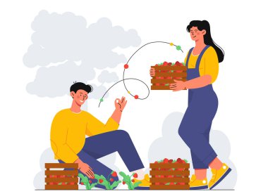 Çilek konsepti olan çiftçiler. Doğal ve organik ürünleri olan kadın ve erkek. Çiftçilik ve tarım. Yerel dükkanınızı destekleyin. Çizgi film düz vektör çizimi