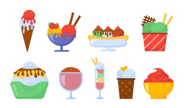 Çeşitli dondurma setleri. Donmuş tatlılar ve lezzetler. Toplar malzemeyle, süt ürünleriyle. Yaz mevsimi için tatlı yiyecekler. Çizgi film düz vektör koleksiyonu beyaz arkaplanda izole edildi
