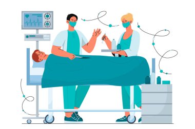 Operasyon konseptinde doktorlar. Tıbbi üniformalı kadın ve erkek maskeli genç adam açık. Sağlık ve tedavi. Ameliyathanede neşterli tıbbi personel. Çizgi film düz vektör çizimi