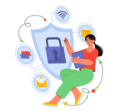 Güvenlik kalkanı konsepti olan kadın. İnternet güvenliği, virüslere karşı koruma, hacker saldırıları, antivirüs. Kimlik doğrulama ve yetki. Çizgi film düz vektör çizimi