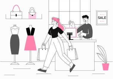 Moda mağazası konsepti olan bir kadın. Kasiyer ve tezgâhın yanında alıcı var. Genç kız alışveriş yapıyor, şık kıyafetler ve kıyafetler alıyor. Alışveriş merkezindeki müşteri. Doğrusal düz vektör çizimi