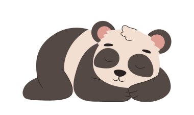 Tatlı panda uyku konsepti. Asyalı sevimli ayı dinleniyor ve iyileşiyor. Biyoloji ve zooloji. Şablon, yerleşim ve modelleme. Çizgi film düz vektör çizimi beyaz arkaplanda izole edildi