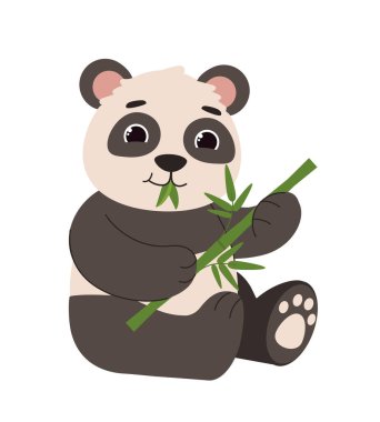 Şirin panda oturma konsepti. Bambulu sevimli bir karakter. Zooloji ve vahşi yaşam, Asyalı hayvan. Web sitesi afişi ya da afişi. Çizgi film düz vektör çizimi beyaz arkaplanda izole edildi