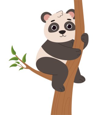Ağaç konseptinde oturan sevimli panda. Asya bitki örtüsü ve fauna. Vahşi yaşam ve zooloji. Sosyal ağlar ve kuryeler için etiket. Çizgi film düz vektör çizimi beyaz arkaplanda izole edildi
