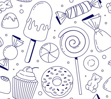 Şekerlerin hatları pürüzsüz. Kumaş üzerine baskı yapmak için tasarım ögesi tekrarlanıyor. Dondurma, karamel ve çöreğin minimalist çizimi. Tatlı ve lezzet. Doğrusal düz vektör çizimi