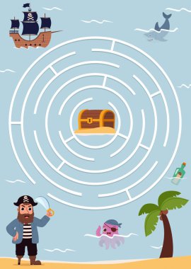 Korsan ve hazine kavramlarıyla dolu bir labirent. Tahta bacağı, göz bandı ve hazineye giden yolda elinde kılıç olan bir adam. Çocuklarda mantıksal düşüncenin gelişimi için bulmaca. Çizgi film düz vektör çizimi