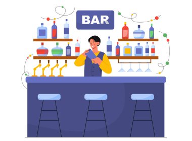 Bar tezgahının önünde duran genç adam. İçkili ve bardaklı barmen. Alkolik içecekler, soda, içecek ve lezzetli sıvı. Şişeleri ve fıçıları olan bir adam. Çizgi film düz vektör çizimi
