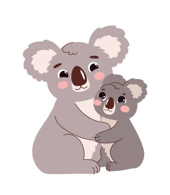 Cute koala sticker concept. Mother sitting with kid or baby, family. Parenthood and childhood. Love, care and support. Cartoon flat vector illustration isolated on white background clipart