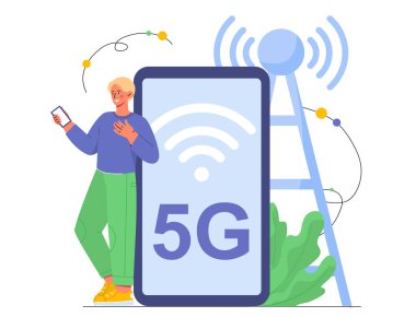 5G kulesi konsepti olan adam. Kablosuz bağlantı ve internet. Modern teknolojiler ve dijital dünya. Akıllı telefonlu çevrimiçi kullanıcı. Lte internet ağı. Çizgi film düz vektör çizimi