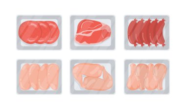 Farklı et konseptleri. Tavuk, sosis ve cam altında sığır eti. Doğal ve organik ürünleri olan bir mağaza vitrini. Çizgi film düz vektör koleksiyonu beyaz arkaplanda izole edildi