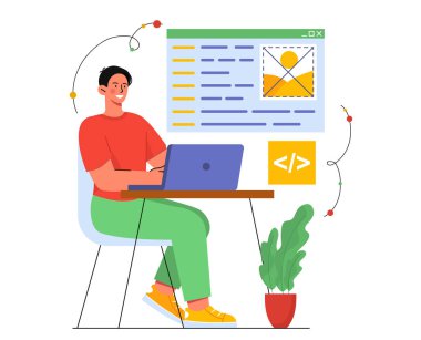 Kod konseptinde çalışan programcı. Genç adam dizüstü bilgisayarda oturuyor ve mobil programlar ve uygulamalar geliştiriyor. İş yerinde bilişim uzmanı, girişimci. Çizgi film düz vektör çizimi