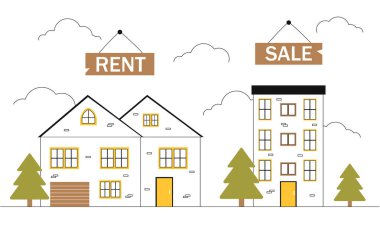 Satış ve kira çizgisi vektör konsepti. Gayrimenkul ve özel mülk. Binalar, evler, mimari. İpotek ve kredi. Beyaz arkaplanda izole edilmiş doğrusal düz çizim